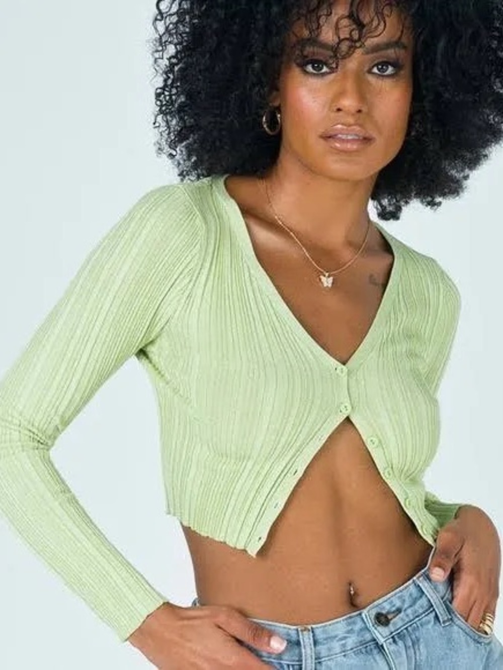 Princess Polly Light Sage Ribbed V‑Neck Button Crop Long Sleeve Top